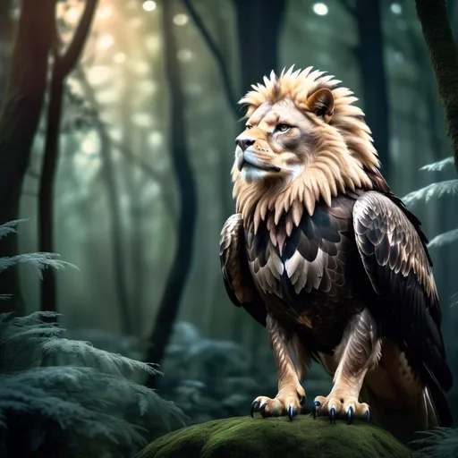 Prompt: Eagle-lion hybrid in a mystical forest, animal hybrid of an eagle and a lion, mix of lion and eagle, high quality, atmospheric lighting