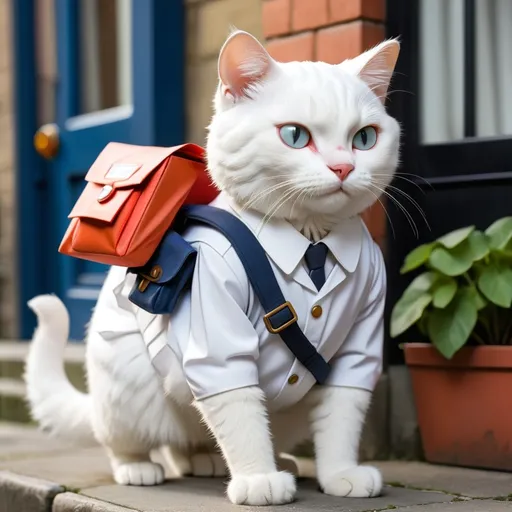 Prompt: white cat carrying postman letter bag