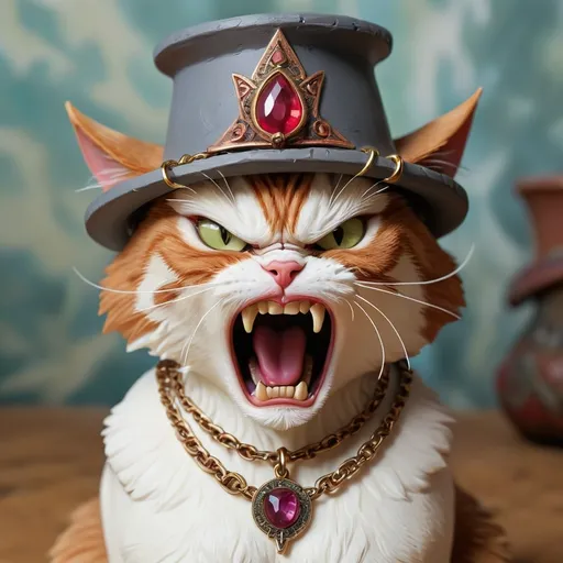 Prompt: Female angry cat wearing Phrygian Hat necklace