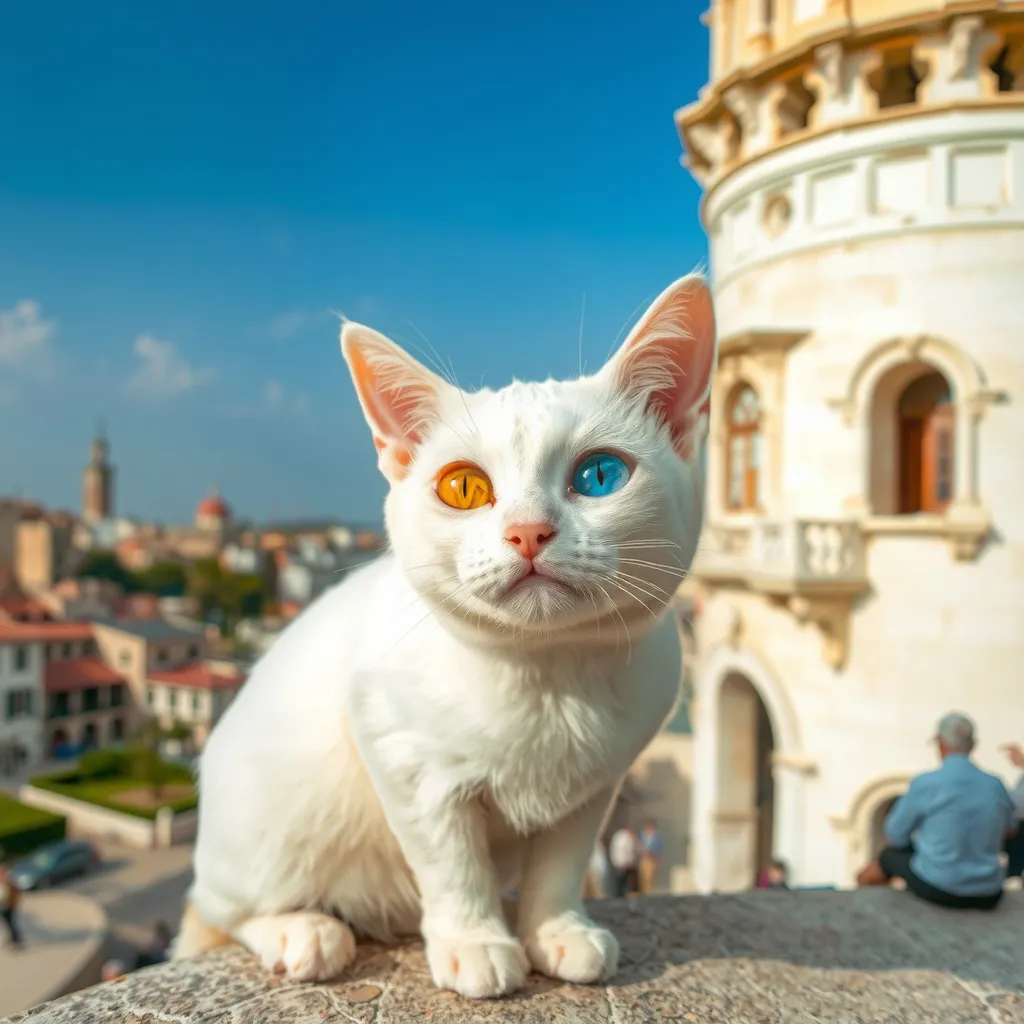 Prompt: A white cat with one yellow eye and one blue eye crying in the Galata Tower