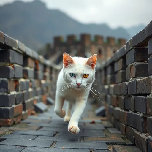 Prompt: A white cat with one blue eye and one yellow eye running down the Great Wall of China