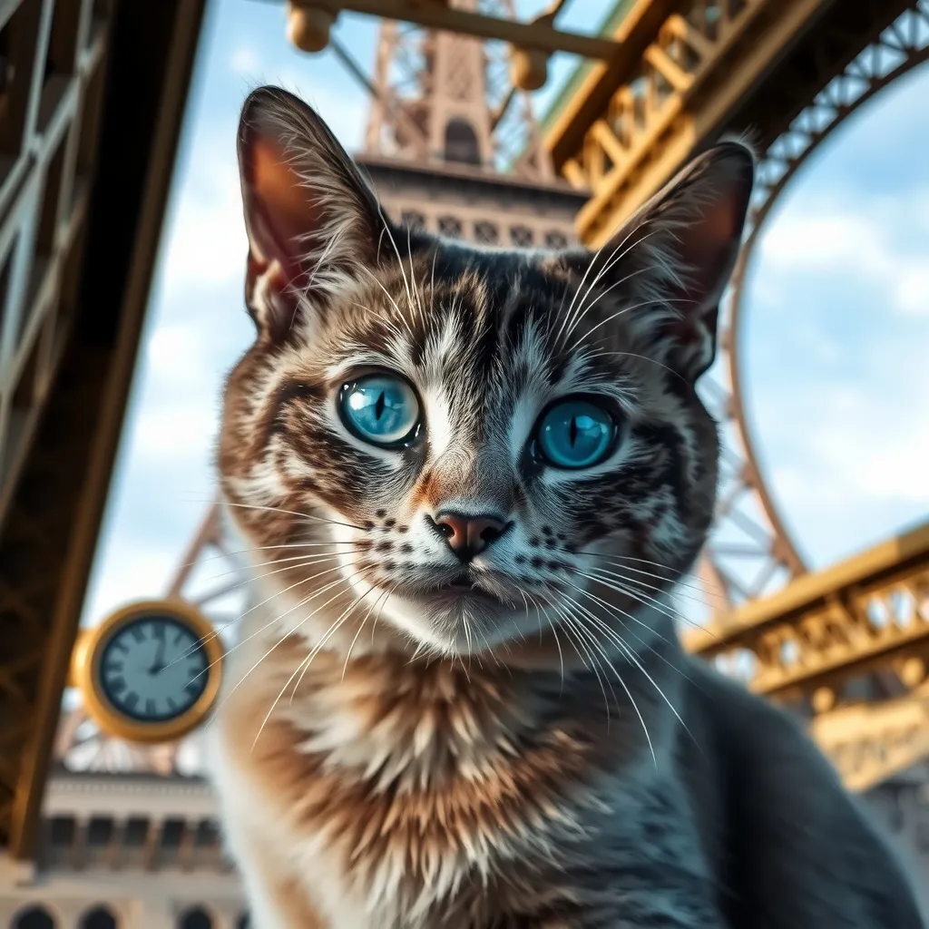 Prompt: blue colored cat with blue eyes inside the eiffel tower