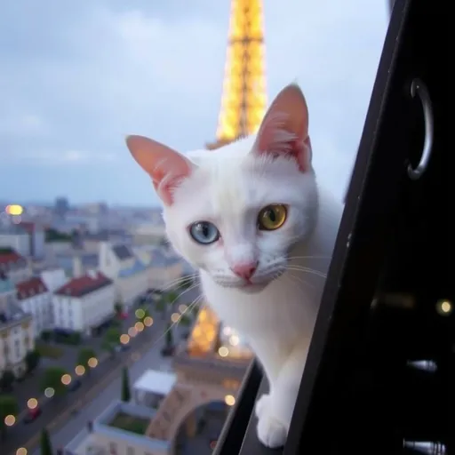 Prompt: A white cat with one blue eye and one yellow eye looking down from the top of the Eiffel Tower