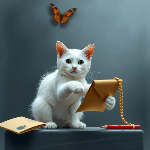 Prompt: white cat bringing letters