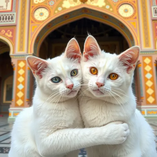 Prompt: White cats with one blue eye and one yellow eye hugging each other in Taç Mahal