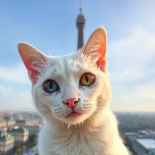 Prompt: A white cat with one blue eye and one yellow eye at the top of the Eiffel Tower