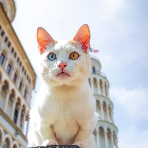 Prompt: A white cat with one blue eye and one yellow eye looking down from the top of the Leaning Tower of Pisa