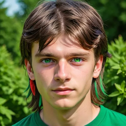 Prompt: ein Junge, dunkel braune Haare Mullet, viele Sommersprossen, dunkel grüne augen, eine große nase, starken kiefer