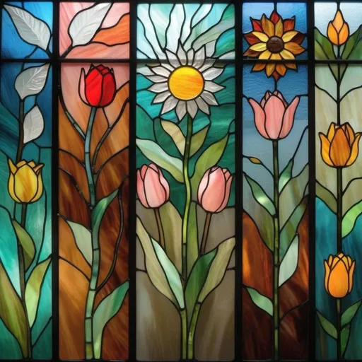 Prompt: Multiple stained glass panels, each depicting a different season. Spring Panel with dominant colors of soft pastels like pink, light green, and baby blue and symbolic elements of blooming flowers such as tulips and daffodils, budding leaves, and gentle rain. Summer Panel with dominant colors of bright and vibrant hues like yellow, orange, and bright green and symbolic elements of sun rays, lush green leaves, and a few summer flowers like sunflowers. Autumn Panel with dominant colors of warm tones like red, orange, and brown and symbolic elements of falling leaves, harvest fruits such as apples and pumpkins, and acorns. Winter Panel with dominant colors of cool shades like white, blue, and silver and symbolic elements of snowflakes, bare branches, and a touch of frost or ice. Each panel should be intricately designed, with a blend of geometric shapes and organic forms typical of stained glass artwork. The overall image should be cohesive, with a harmonious balance of colors and themes across the four seasons.