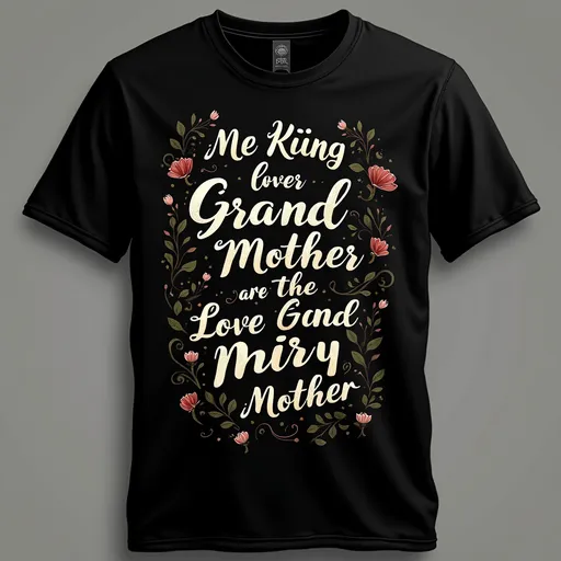 Prompt: Create image : a black tshirt , this tshirt belongs to a grand mother. put some emotional text message with nice design. i will send this tshirt   to print 