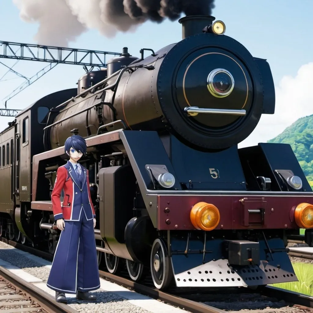 Prompt: Mokoi from Shin Megami Tensei V next to a JNR D51 steam locomotive 