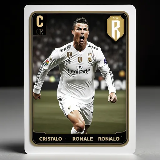 Prompt: * Color: The card could feature a sleek black and gold color scheme, which reflects Ronaldo’s iconic style and success.
* Image: On one side of the card, an action shot of Cristiano Ronaldo mid-play, perhaps performing his famous goal celebration or in his classic stance after scoring.
* Text: Instead of just "Reverse," the text could read "CR7 Reverse," paying homage to Ronaldo’s legendary status in the football world.
* Details: Subtle touches of the Juventus, Manchester United, or Portugal national team logos could be included, depending on the era you're focusing on, to add a personal touch to his career.
* Additional Elements: Maybe add a small image of one of his famous trophies or his famous number 7 to make the card feel more unique.
