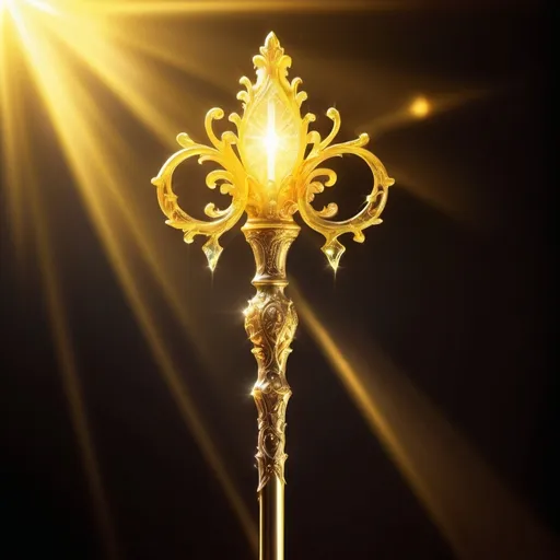 Prompt: (ethereal scepter), bright yellow glow, soft slow-motion effect, shimmering magical light, dreamy atmosphere, delicate details, high contrast, serene ambiance, whimsical design, enchanting shadows, background blending into a soft focus, illuminated with heavenly warmth, ultra-detailed, mesmerizing light reflections, captivating elegance, visually stunning showcase of fantasy elements.