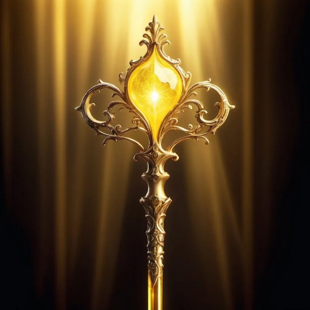 Prompt: (ethereal scepter), bright yellow glow, soft slow-motion effect, shimmering magical light, dreamy atmosphere, delicate details, high contrast, serene ambiance, whimsical design, enchanting shadows, background blending into a soft focus, illuminated with heavenly warmth, ultra-detailed, mesmerizing light reflections, captivating elegance, visually stunning showcase of fantasy elements.