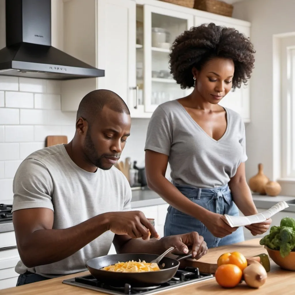 Prompt: Generate an image depicting a black man confidently cooking in a well-lit kitchen, while his black beautiful wife sits relaxed nearby, engrossed in reading a newspaper.