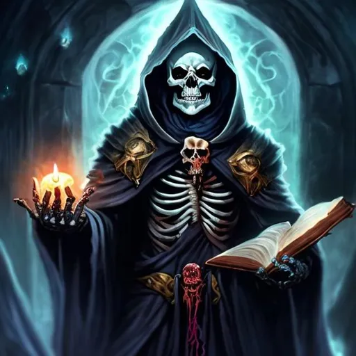 Prompt: realistic full body skeleton necromancer holding a tome wearing a cloak surrounded by ghosts
dark colors
in magic the gathering style
