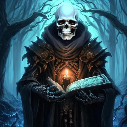 Prompt: realistic full body skeleton necromancer holding a tome wearing a robe surrounded by ghosts in a dark, creepy forest at night
dark colors

