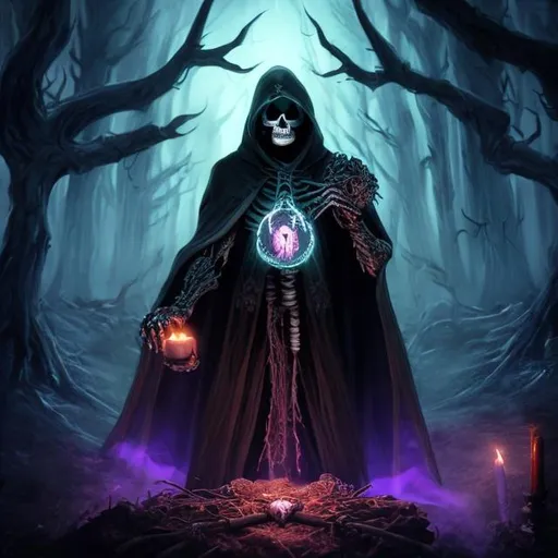 Prompt: realistic full body skeleton necromancer holding a tome wearing a cloak surrounded by ghosts in a dark, creepy forest at night
dark colors


