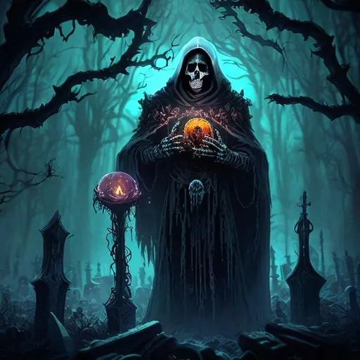 Prompt: realistic full body skeleton necromancer holding a tome wearing a cloak
surrounded by ghosts and magic in a creepy forest at night
dark colors
fantasy art in the style of magic the gathering depicting a skeleton necromancer in a cemetery surrounded by lots of tombstones holding a glowing staff with a gem ball on top in one hand. Very dark grey background white hair and swirls of magic
