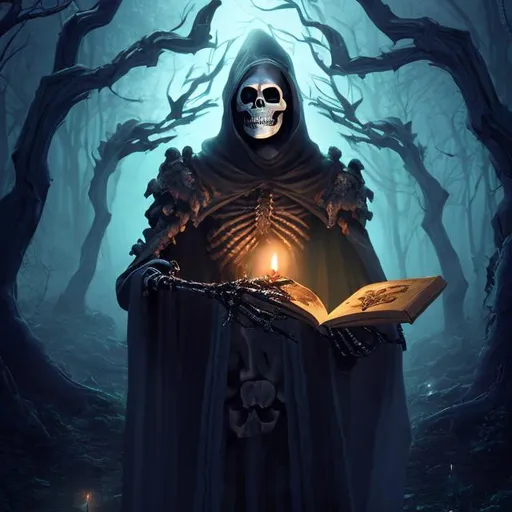 Prompt: realistic full body skeleton necromancer holding a tome wearing a cloak
surrounded by ghosts and magic in a creepy forest at night
dark colors

