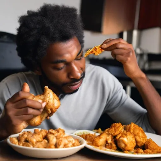 Prompt: Black dude eating chicken