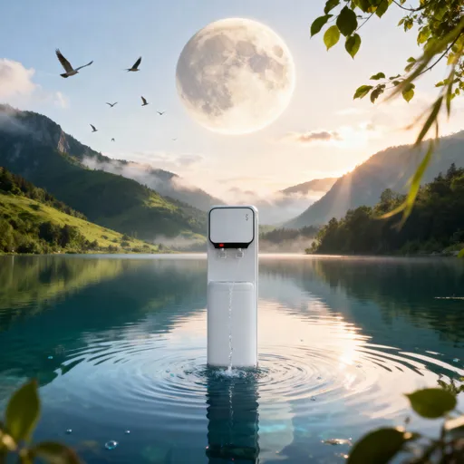 Prompt: Cinematic ultra-realistic video of a serene natural landscape at sunrise.
A crystal-clear lake sits in the middle of lush green hills and misty mountains. Birds gently soar across the sky. A large glowing planet-like moon softly illuminates the background, giving a surreal, dreamy Earth-Day atmosphere.
At the center of the lake, an Impex water dispenser that i have attached in image stands majestically, seamlessly integrated into nature. Pure water flows from the dispenser’s taps into the lake below, creating ripples and reflections on the surface. The water looks fresh, transparent, and vibrant, symbolizing purity and sustainability.
Style: 4K ultra-realistic, soft natural lighting, slow-motion water particles, calm ambient nature sounds, inspirational Earth-Day mood.
Camera slowly glides forward with smooth cinematic movement. Light breeze moves the leaves and tree branches around the lake. Sun rays pass through thin clouds, adding depth and softness.