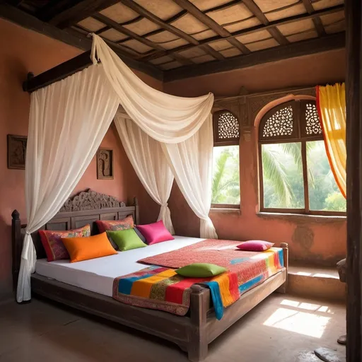 Prompt: Ai

an old rustic indian house with clay roofing and stone lime finish walls half broken and wooden windows 
And a wooden coaster bed with intricate carving. 
white curtains for the bed and 
 a massive soft mattress drapped with a colourfull silk bedsheet and 
cushions layered with different sizes.
Wooden 4 pole coaster bed 
With colourful silk bedsheets
With old pattern floor tiles.
And a view from the front side of the bed. And large plants in the room 