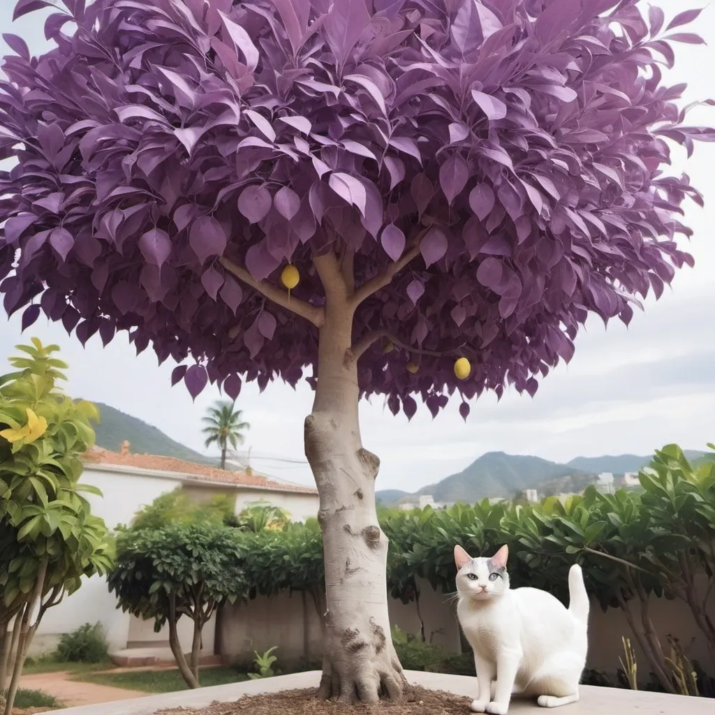 Prompt: A tree with purple leaves and white lemon on it and also a cat standing on tree