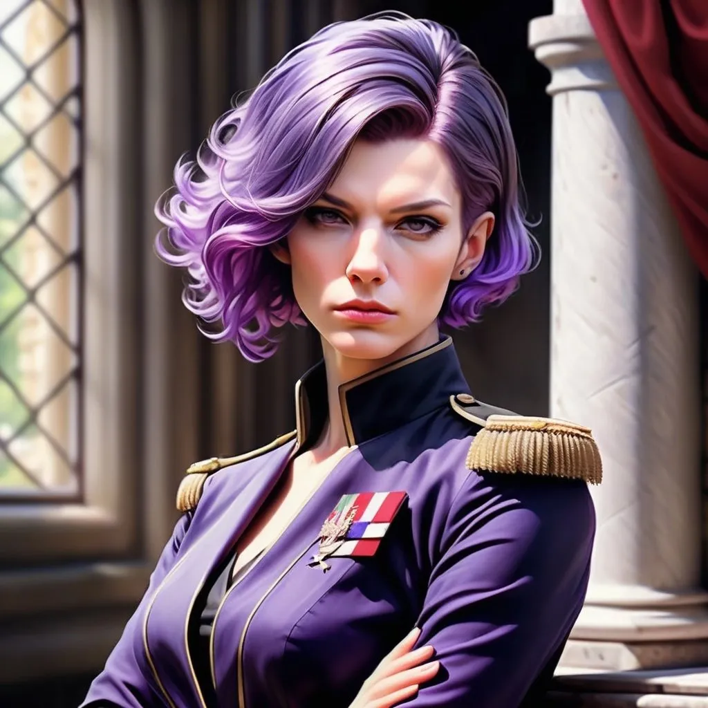 Prompt: realsitic portrait, a masculine looking  women, in her 50s, first wrinkles, serious face,  purple hair and firm, short haircut, angular face, upper body portrait, pale skin, in a castle, military posture oil painting, realistic, hd, contrasted colors, bright puple 