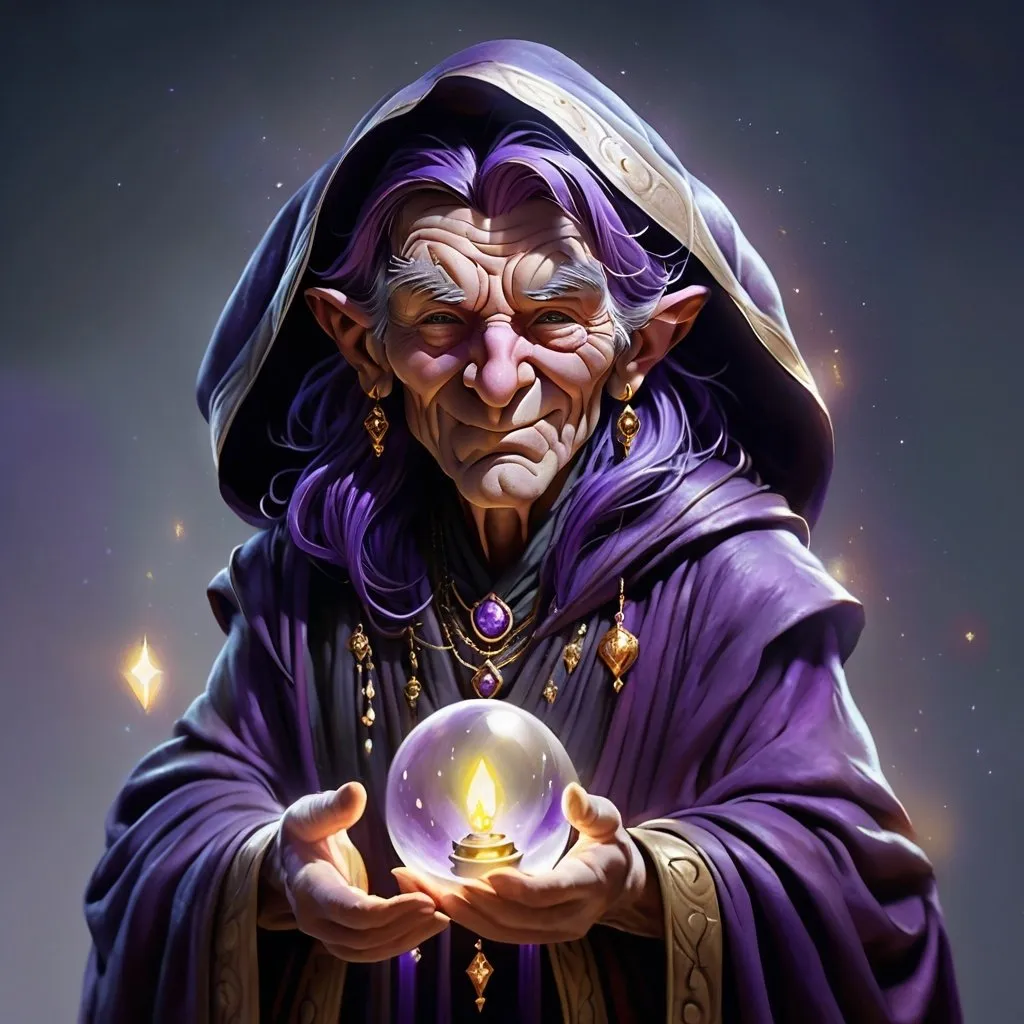 Prompt: character design,  character portrait of an old fortune teller, wrinkled face, purple hair, a cloak in dark purple, hunched back, small statue, friendly face, smiling, magical talent, expensive robes and jewelry, art style like andreysmachniy or rioboy-daydreamer from deviantart, digital painting, masterpiece with detailed artwork, play of lights, grey background, realistic design,detailed oil painting, Highly detailed, intricate, crossed colors, beautiful, high definition, fantastic view. 3d, intricate details, volumetric lighting