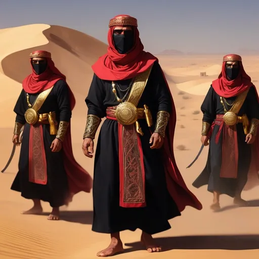 Prompt: guards of the desert of arab descent, in red and black robes, lightly dressed, visibly well-trained, high-quality equipment with gold ornaments, mouth covered with a scarf, menacing look, ready to fight, voluminous desert light, 3d, digital masterpiece