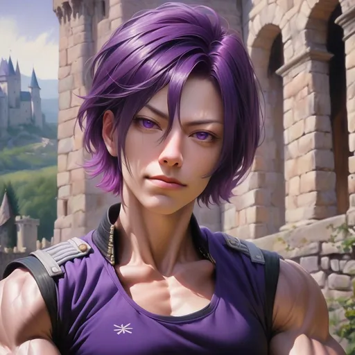 Prompt: realsitic portrait, a masculine looking  women, looks like a men, muscular, she is  in her 50s,  visbile wrinkles in her face, short hairstyle with a  sidecut, broad chin,  purple hair, upper body portrait, in a castle, military posture, oil painting, realistic, hd, contrasted colors, athletic chest, masculine posture