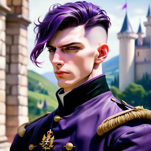 Prompt: realsitic portrait, a masculine looking  women, in her 50s, first wrinkles, sidecut, broad chin,  purple hair and firm, short haircut, angular face, upper body portrait, pale skin, in a castle, military posture oil painting, realistic, hd, contrasted colors, bright puple 