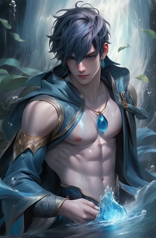 Prompt: realsitic portrait, character design of a atractive water wizard,  young men with blueish haircolor, waterbending with his magic powers, oil painting, realistic, hd, model 