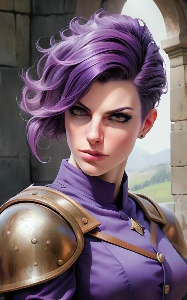 Prompt: realsitic portrait, a masculine looking  women, in her 40s, serious face,  purple hair and firm, short haircut, angular face, upper body portrait, pale skin, in a castle, military posture oil painting, realistic, hd, contrasted colors, bright puple 