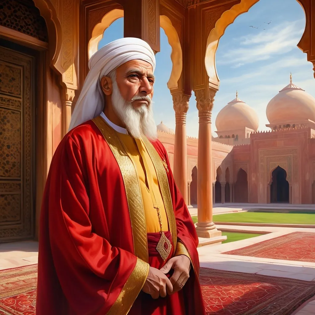 Prompt:  oil painting, realistic, hd, portrait of an old corrupt snob with in a red and gold bisht, muslim, a sandstone palace in the background, oil painting, art style like andreysmachniy or rioboy-daydreamer from deviantart, arabic origin