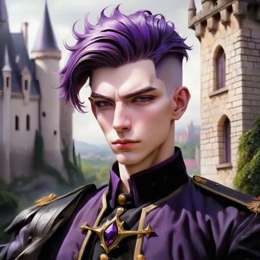 Prompt: realsitic portrait, a masculine magician, with purple hair and firm, short haircut, angular face, upper body portrait, pale skin with purple rouge, in a castle, military posture oil painting, realistic, hd 