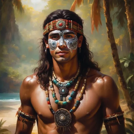 Prompt: hero portrait of an ancient tribal young attractive men in a tropical landscape, dark hair, jewelry made of natural materials and precious stones, decorated face painting and indigenous clothing style, oil painting, digital masterpiece, play of warm lights, artwork