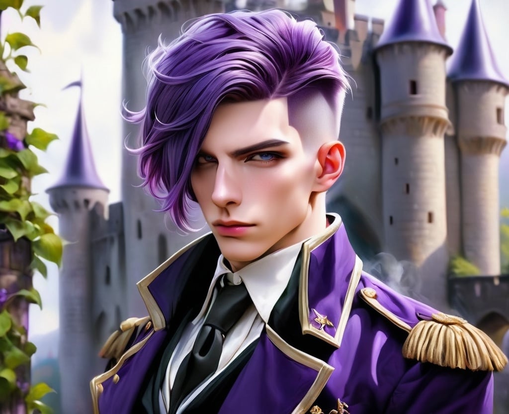 Prompt: realsitic portrait, a masculine looking magician women, with purple hair and firm, short haircut, angular face, upper body portrait, pale skin, in a castle, military posture oil painting, realistic, hd 