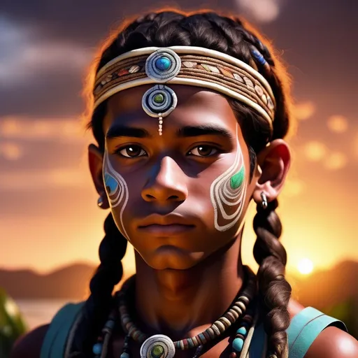 Prompt: hero portrait of an ancient tribal teenage boy with braided hair in a tropical landscape, dark hair, jewelry made of natural materials and precious stones, decorated face painting and indigenous clothing style, 3d, digital masterpiece, play of lights, warm lights, artwork