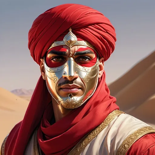 Prompt: arabic male guard in red-golden clothes, masked with a red scarf connected to a turban, face masked with a red scarf, Art by Stanley Artgerm, Charlie Bowater, realistic, 32k, high resolution, 30mm lens, ISO 100, high detail, warm lighting, desert surrounding, intricate artwork masterpiece, ominous, golden ratio, tsharp focus, intricate details, highly detailed