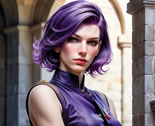 Prompt: realsitic portrait, a masculine looking  women, in her 50s, first wrinkles, sidecut, broad chin,  purple hair and firm, short haircut, angular face, upper body portrait, pale skin, in a castle, military posture oil painting, realistic, hd, contrasted colors, bright puple 