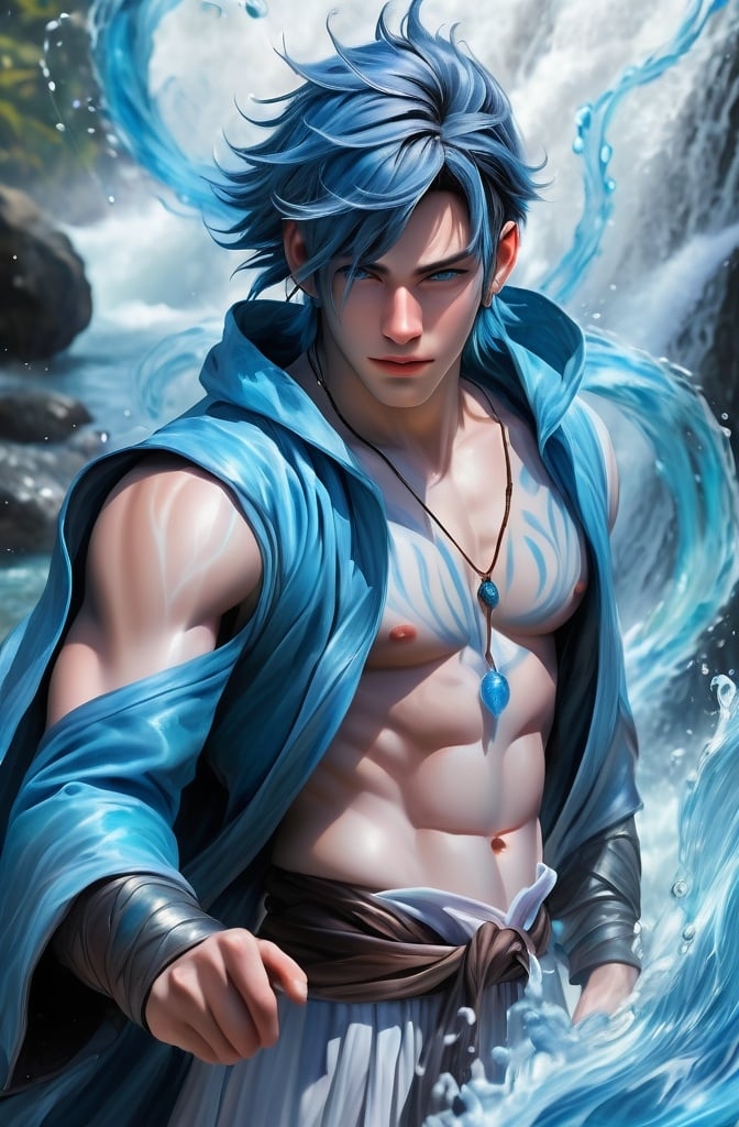 Prompt: realsitic portrait, character design of a atractive water wizard,  young men with blueish haircolor, waterbending with his magic powers, oil painting, realistic, hd 