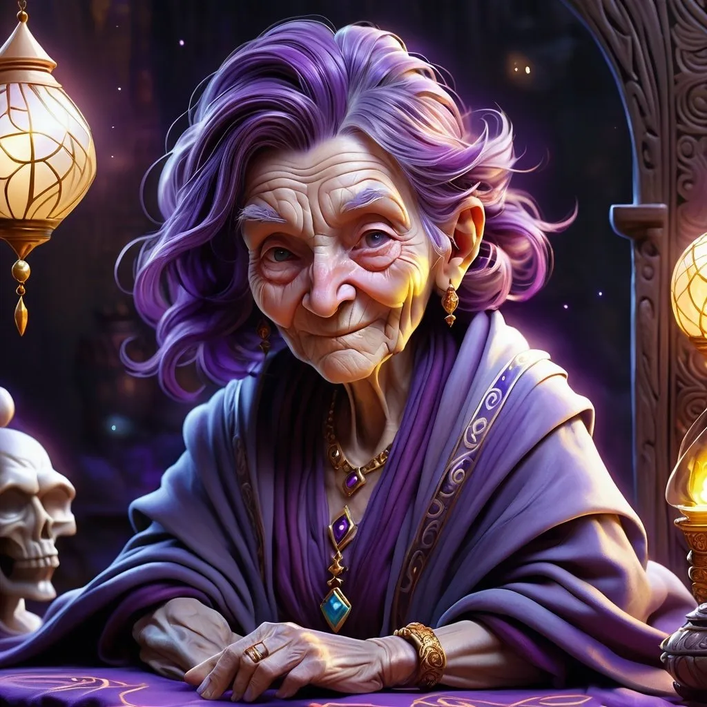 Prompt: character design,  character portrait of an old fortune teller, old woman, wrinkled face, purple hair, a cloak in dark purple, hunched back, small statue, friendly face, smiling, magical talent, expensive robes and jewelry, art style like andreysmachniy or rioboy-daydreamer from deviantart, digital painting, masterpiece with detailed artwork, play of lights, grey background, realistic design,detailed oil painting, Highly detailed, intricate, crossed colors, beautiful, high definition, fantastic view. 3d, intricate details, volumetric lighting