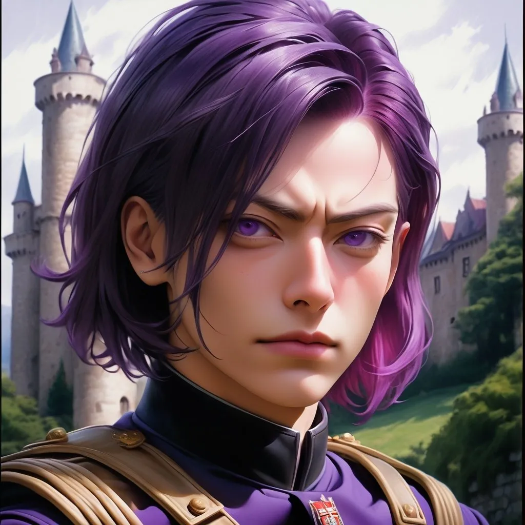 Prompt: realsitic portrait, a masculine looking  women, looks like a men, muscular, she is  in her 50s,  visbile wrinkles in her face, short hairstyle with a  sidecut, broad chin,  purple hair, upper body portrait, in a castle, military posture, oil painting, realistic, hd, contrasted colors, 