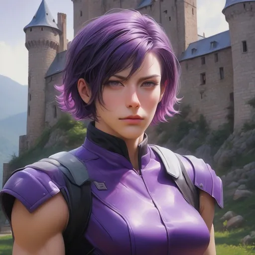 Prompt: realsitic upper body portrait, a masculine looking  women, looks like a men, muscular, she is  in her fifties with  visbile wrinkles in her face, short hairstyle with a  sidecut, broad chin,  purple hair, upper body portrait, in a castle, military posture, oil painting, realistic, hd, contrasted colors, athletic chest, masculine posture