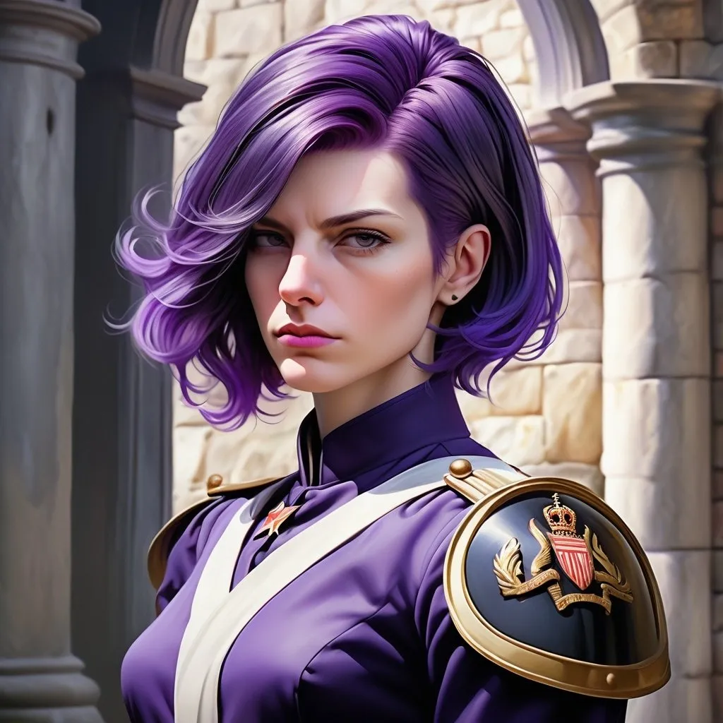 Prompt: realsitic portrait, a masculine looking  women, in her 50s, first wrinkles, serious face,  purple hair and firm, short haircut, angular face, upper body portrait, pale skin, in a castle, military posture oil painting, realistic, hd, contrasted colors, bright puple 