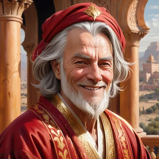 Prompt:  oil painting, realistic, hd, portrait of an old corrupt snob with gray hair in a red and gold robe, smug smile, a sandstone palace in the background, oil painting, art style like andreysmachniy or rioboy-daydreamer from deviantart, arabic origin