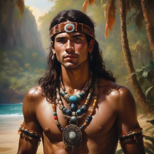 Prompt: hero portrait of an ancient tribal young attractive men in a tropical landscape, dark hair, jewelry made of natural materials and precious stones, decorated indigenous clothing style, oil painting, digital masterpiece, play of warm lights, artwork