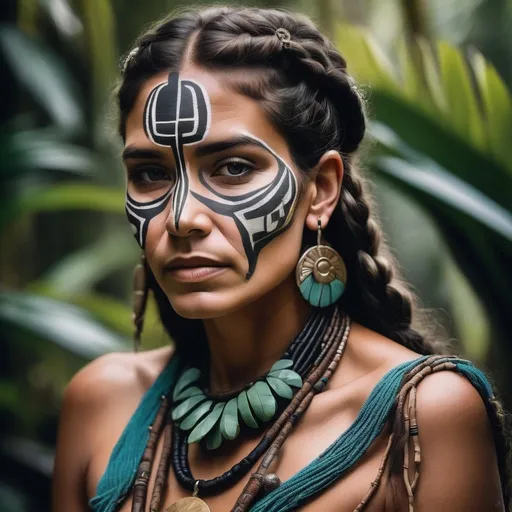 Prompt: portrait of an ancient tribal woman with braided hair in a tropical landscape, dark hair, jewelry made of natural materials and precious stones, decorated face painting and indigenous clothing style